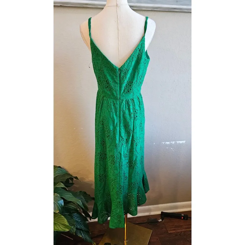 Guess Cotton Eyelet Asymmetric Midi Dress Women Size‎ 8 Green Contemporary Party